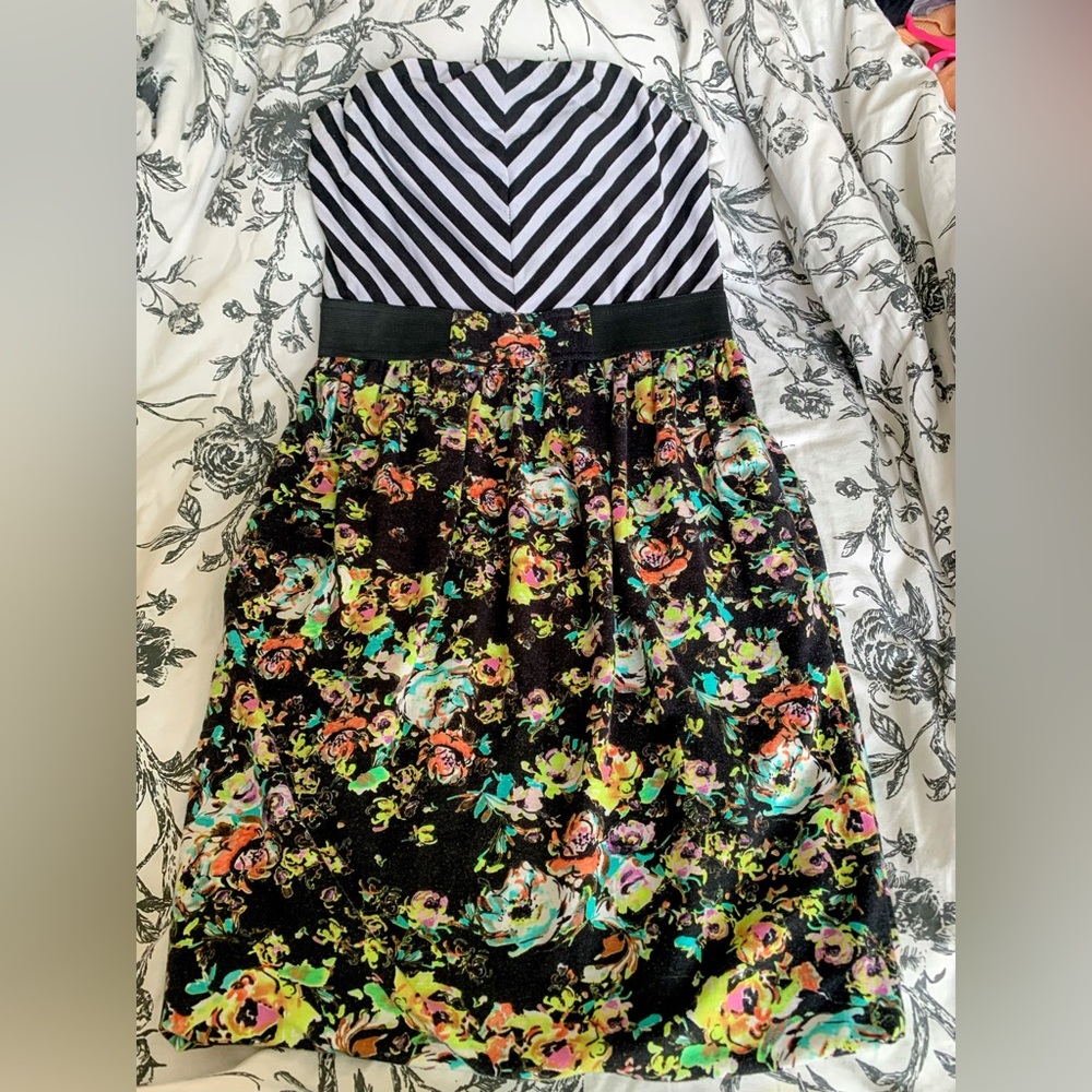 Xhilaration Striped & Floral Strapless Mini Dress